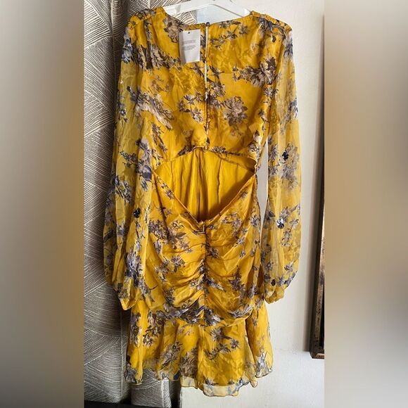 ASOS DESIGN Long Sleeve Mini Dress Yellow Floral Print Sequin Silver Sz 8 NEW - Picture 4 of 16